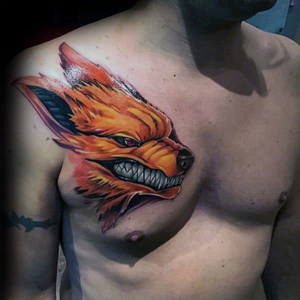 Chest tattoo of a fierce orange fox inspired by Naruto, with sharp teeth facing forward on a person's upper chest