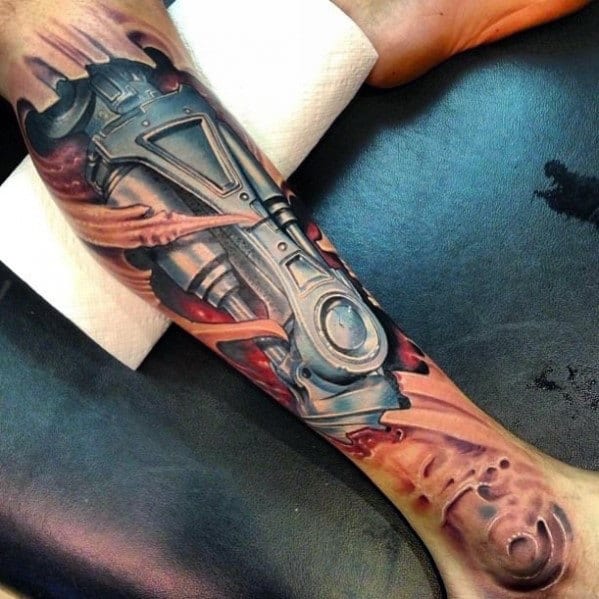 Realistic biomechanical tattoo on a forearm, featuring metal and gears, creating an illusion of exposed machinery beneath the skin