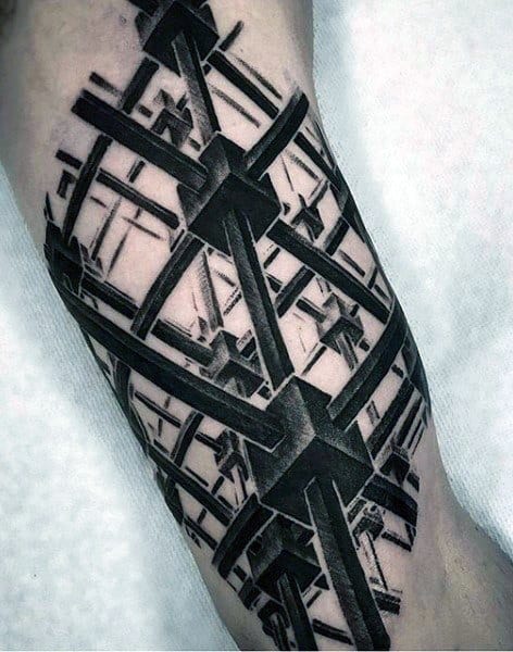 3D geometric tattoo with interlocking black bars creating an illusion of depth, symbolizing complexity, strength, and structure.