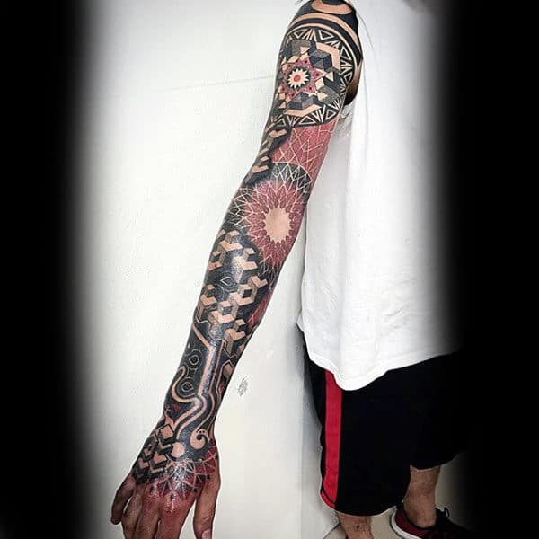3d Geometric Red Ink Male Tattoo Ideas Full Sleeve