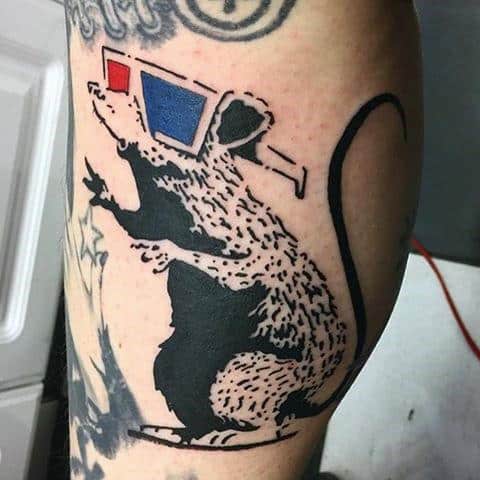 3d Glasses On Rat Banksy Mens Arm Tattoo