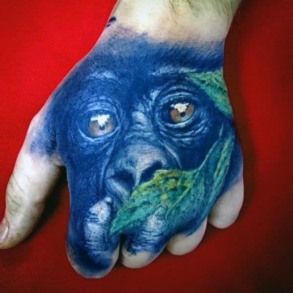 3d Gorilla With Green Leaf Mens Hand Tattoos