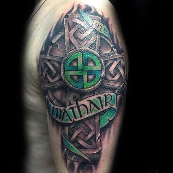 3d Green And Black Ink Celtic Cross Half Sleeve Guys Tattoos