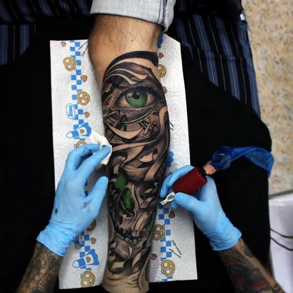 3d Green Eye And Skull Guys Leg Sleeve Tattoos