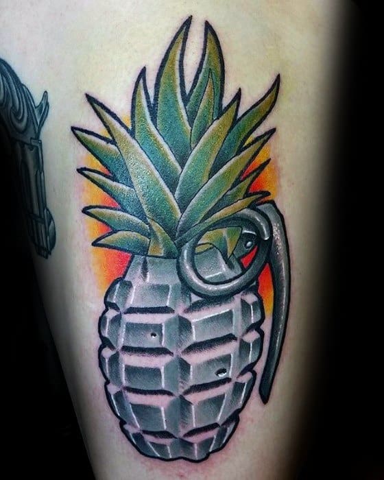 3d Grenade Pineapple Tattoo Design On Mans Leh