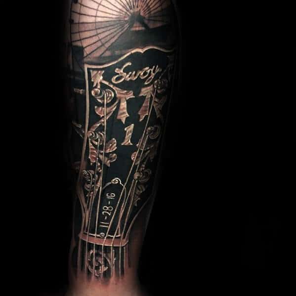 3d Guitar Head Mens 3d Inner Forearm Tattoo