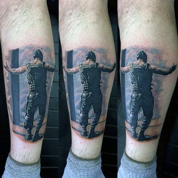 3d Guys Bane Scene Leg Calf Tattoo Ideas
