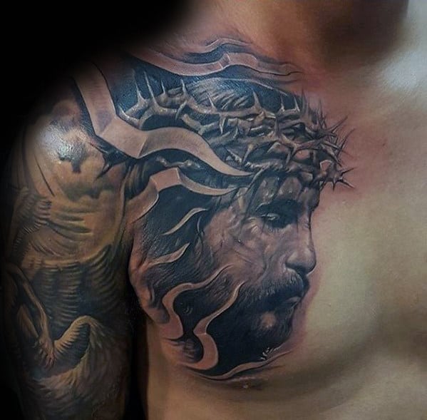 3d Guys Jesus Face Tattoo On Upper Chest