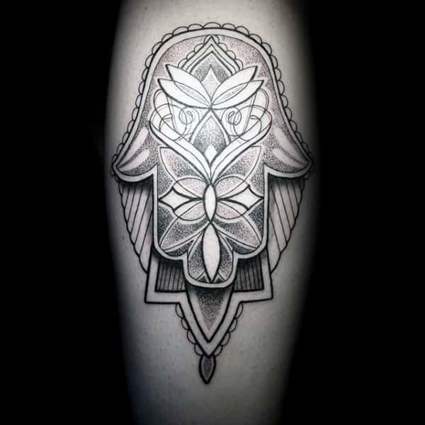 3d Hamsa With Shadow And Pattern Mens Leg Tattoos