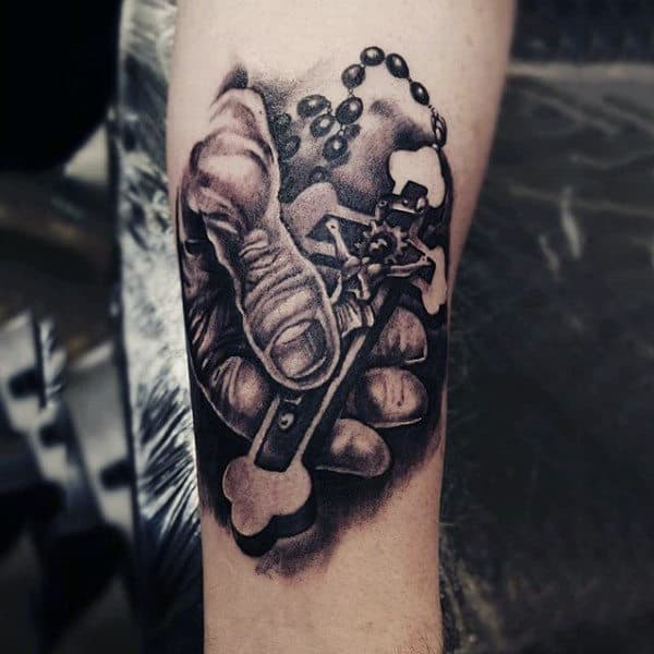 3d Hand Holding Rosary Guys Forearm Tattoo