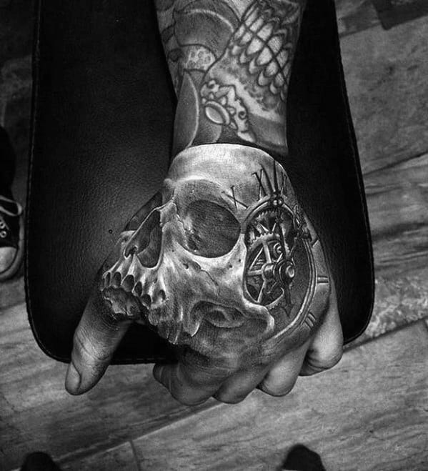3d Hand Mens Skull With Roman Numeral Gear Clock Hand Tattoo