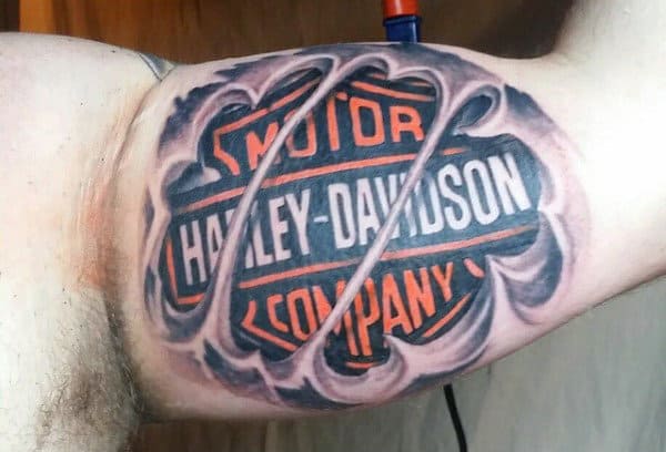 3d Harley Davidson Logo Male Bicep Ripped Skin Tattoo