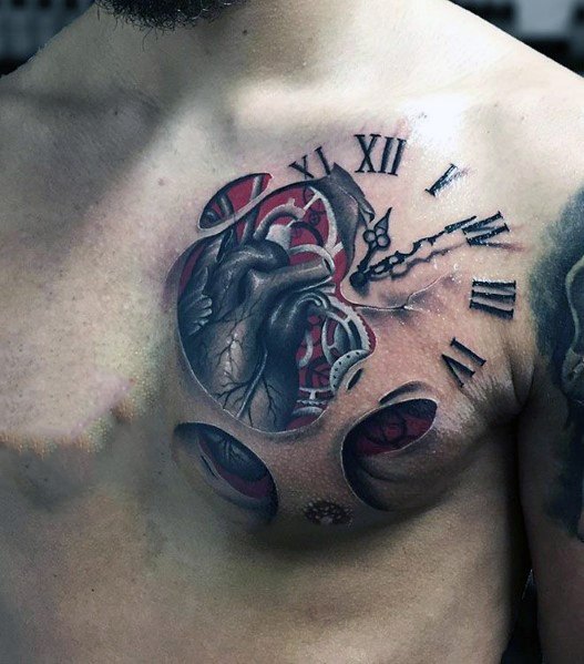 Realistic 3D tattoo of a human heart with torn skin effect, revealing clock numerals and mechanical details on the chest.