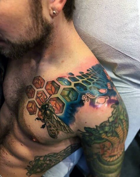 3d Honeycomb Bee Mens Houlder And Chest Tattoo