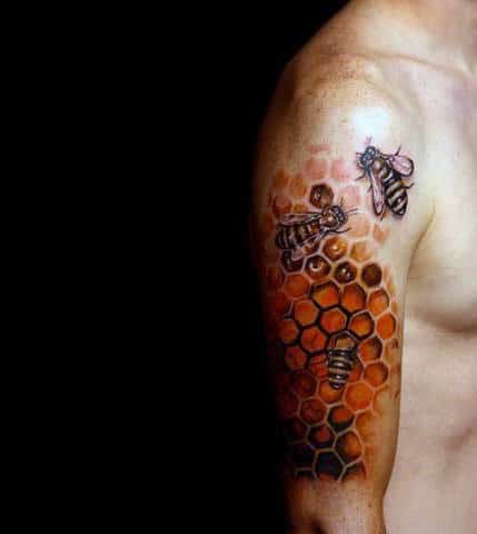 3d Honeycomb Bees Guys Half Sleeve Tattoos