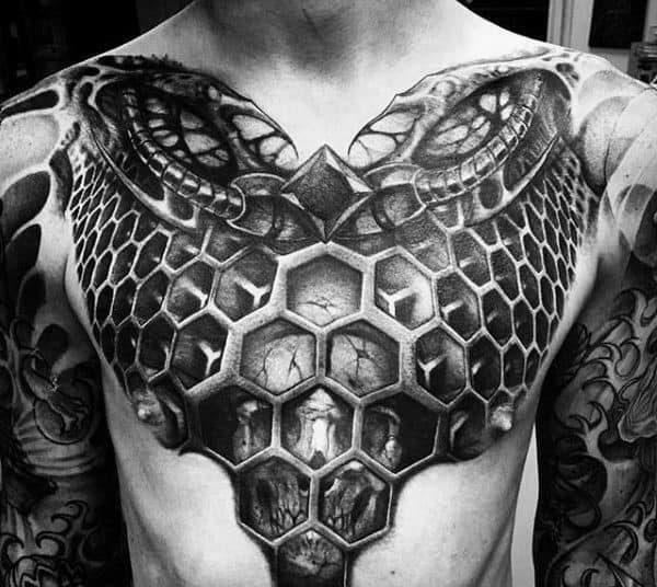 3D chest tattoo of snake scales transforming into hexagonal patterns with scenes inside, symbolizing transformation, mystery, and hidden depths.