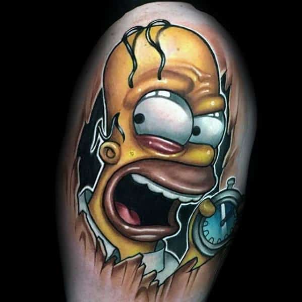 Hyper-detailed tattoo of Homer Simpson with wild eyes, holding a stopwatch, bursting through the skin in a dramatic 3D effect.