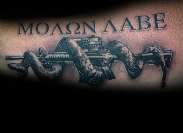 AR-15 tattoo with a coiled snake wrapped around the rifle, featuring Molon Labe in Greek script, symbolizing defiance and strength.