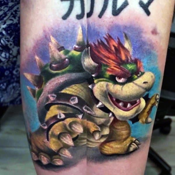 Realistic Bowser tattoo on a man's leg with bold colors, sharp details, and a dynamic pose against a vibrant blue background.