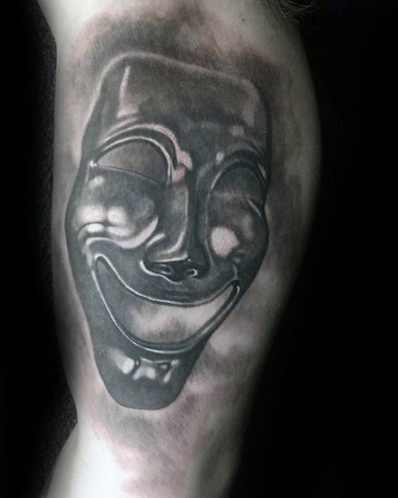 3d Inner Arm Laughing Theatre Drama Mask Tattoo Ideas For Males