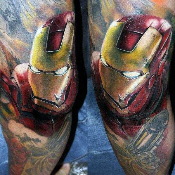 Iron Man tattoo showcasing a close-up of his helmet with detailed shading, highlighting his iconic red and gold armor, and showcasing dynamic, vibrant colors.