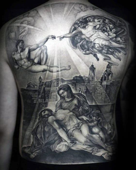 3d Jesus Full Back Themed Tattoo Design Ideas For Males