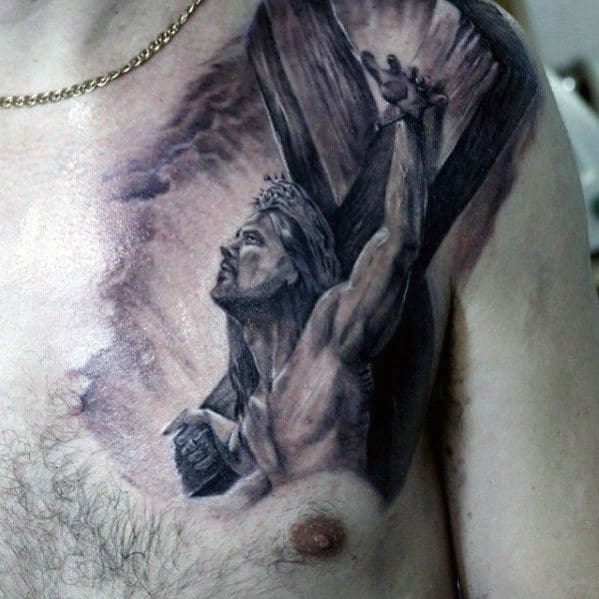 3d Jesus On Wood Corss Guys Upper Chest Tattoo