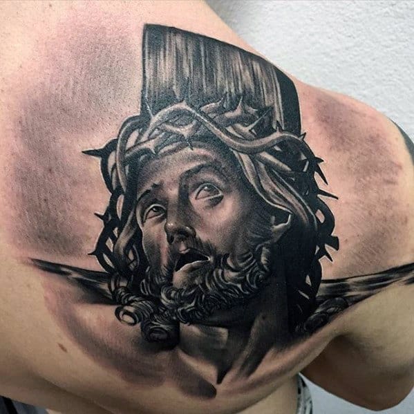 3d Jesus Portrait On Cross Back Tattoos For Men