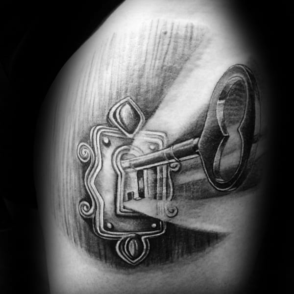 3d Key Inside Glowing Lock Mens Arm Tattoos