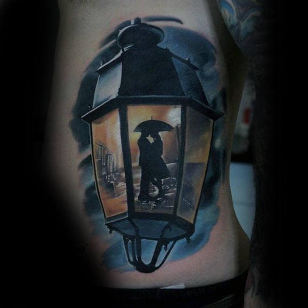 3d Lantern Colorful Mens Rib Cage Side Tattoos