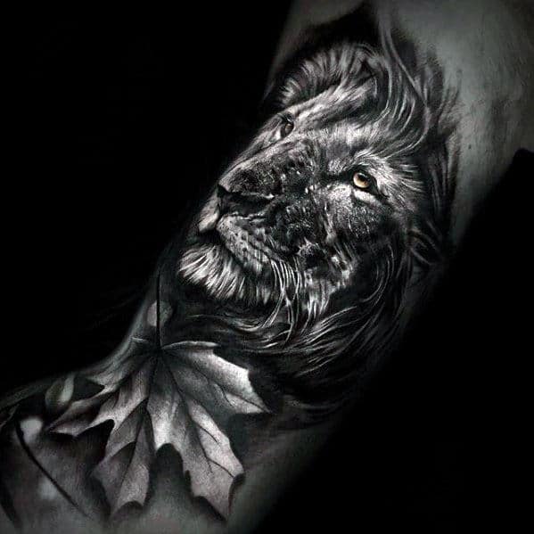 3d Leaf With Lion Head Guys Realistic Arm Tattoos
