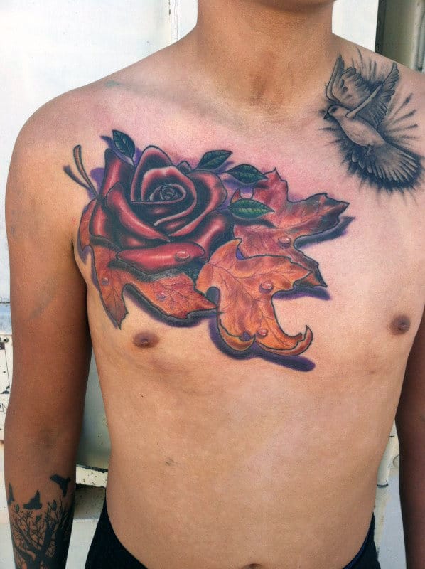 3d Leaves With Rose Flower Mens Fall Chest Tattoos
