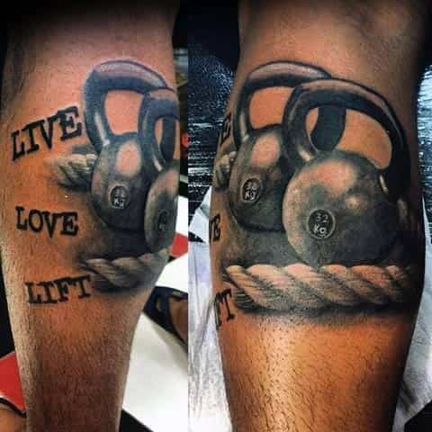Realistic kettlebell tattoo with "LIVE LOVE LIFT" text and a rope detail, symbolizing strength, passion for fitness, and dedication to weightlifting.