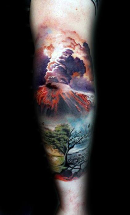 3d Leg Sleeve Realistic Volcano Mens Tattoo Ideas