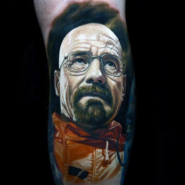 A detailed and lifelike tattoo of Walter White from Breaking Bad, showcasing his intense expression and iconic orange hazmat suit