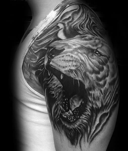 3d Lion Roaring Male Shoulder Tattoo Inspiration