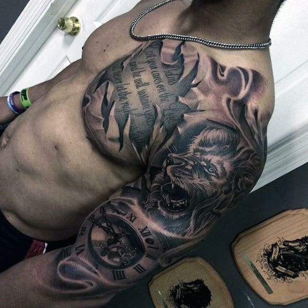 3d Lion With Clock And Quote Different Mens Chest And Arm Tattoo