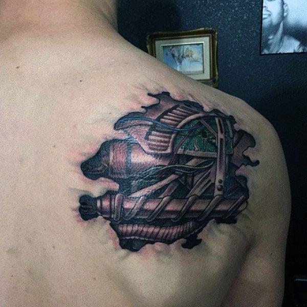 3d Male Circuit Board Back Shoulder Tattoo