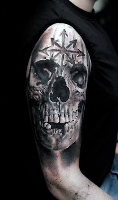 3d Male Realistic Skull Half Sleeve Tattoo Inspiration