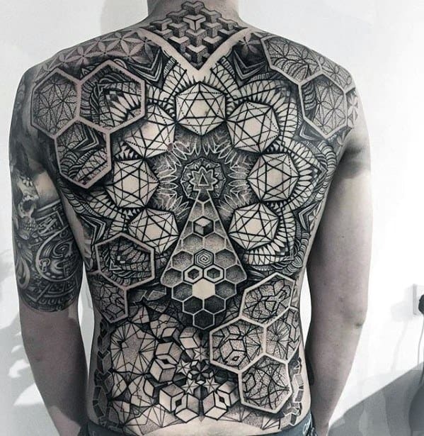 Person's back with a large, intricate geometric tattoo covering shoulders and spine