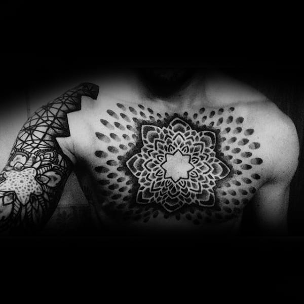 3d Mandala Flower Dotwork Tattoo On Chest For Men