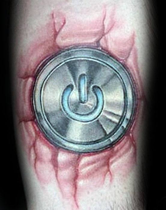 Metallic power button tattoo with a 3D torn skin effect, giving the illusion of the symbol embedded beneath the surface.