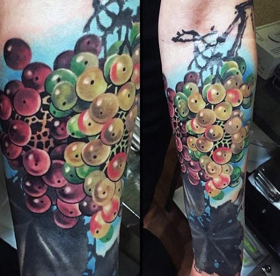 3d Mens Colorful Grapes Forearm Sleeve Tattoo