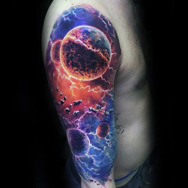 3d Mens Colorful Unique Outer Space Planets Sleeve Tattoo