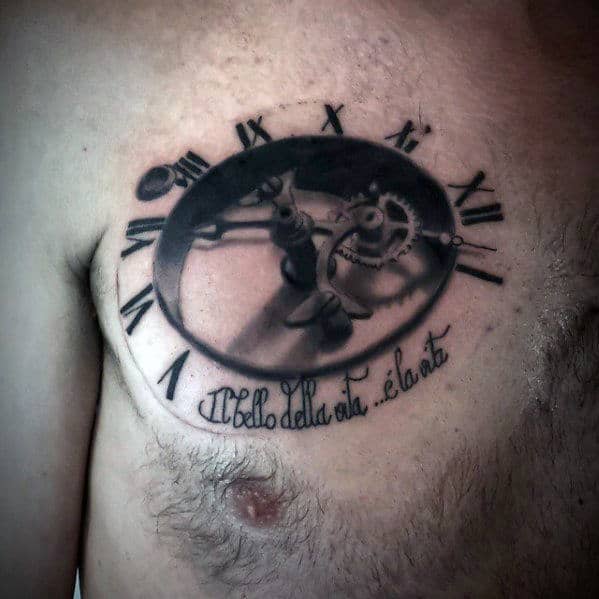 3d Mens Cool Roman Numeral Clock With Gears Tattoo On Chest