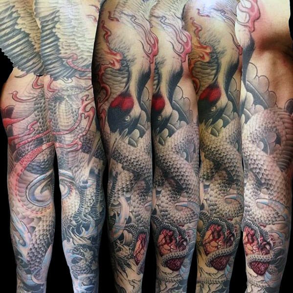 3d Mens Crane With Snake Full Arm Sleeve Tattoos