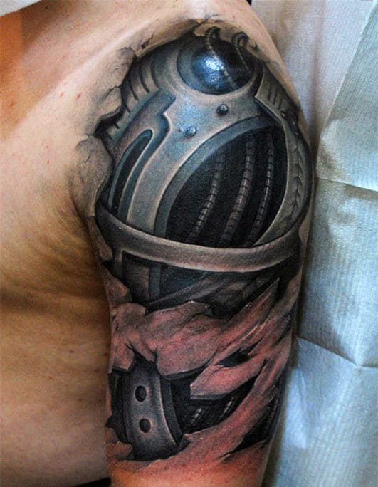 3d Mens Cyborg Ripped Skin Terminator Half Sleeve Tattoos
