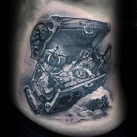 3d Mens Detailed Treasure Chest Rib Cage Side Tattoos