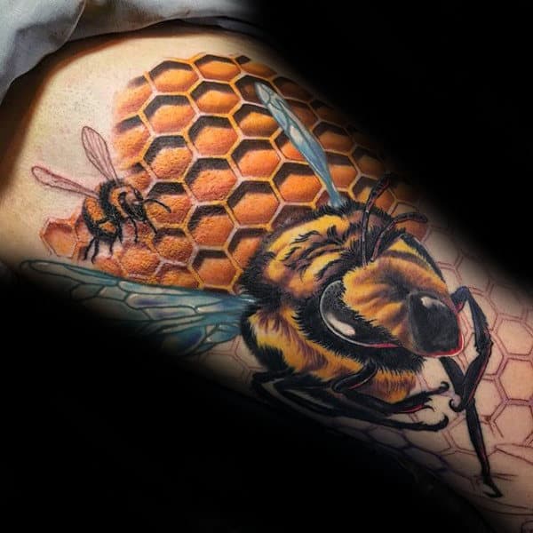 3d Mens Flying Bee Honeycomb Thigh Tattoos