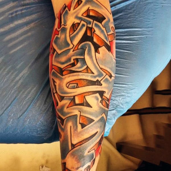3d Mens Graffiti Tattoo Design On Leg